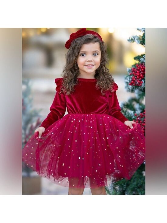 NNJXD Other - NNJXD Princess Girl Long Sleeve Red Velvet Gold Star Tulle Party Dress
